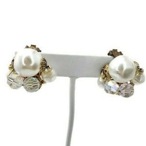 Earrings Clip On Faux Pearl AB Rhinestone Vintage